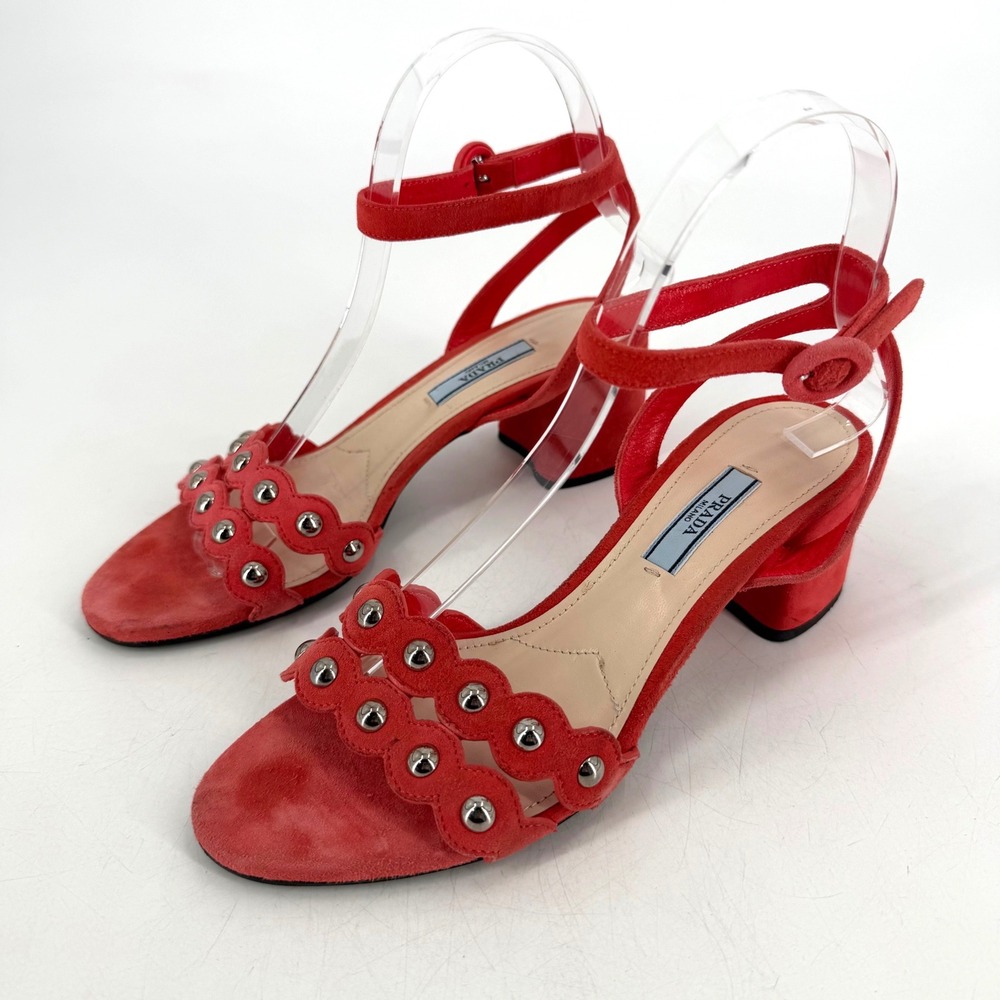 Prada‎ Scalloped Studded Suede Sandals Womens 37 Red Block Heel Designer Chic